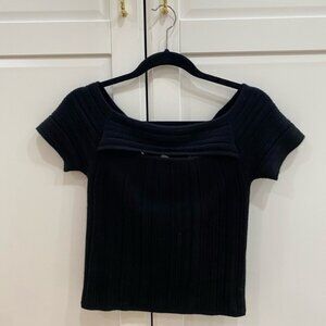 NAADAM Black Cashmere Ribbed Fitted Short Sleeve off the shoulder Blouse